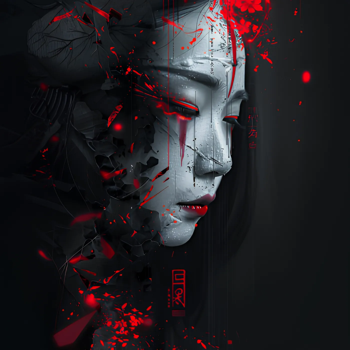 Key art for Yūrei: the face of Oiwa, half human, half machine