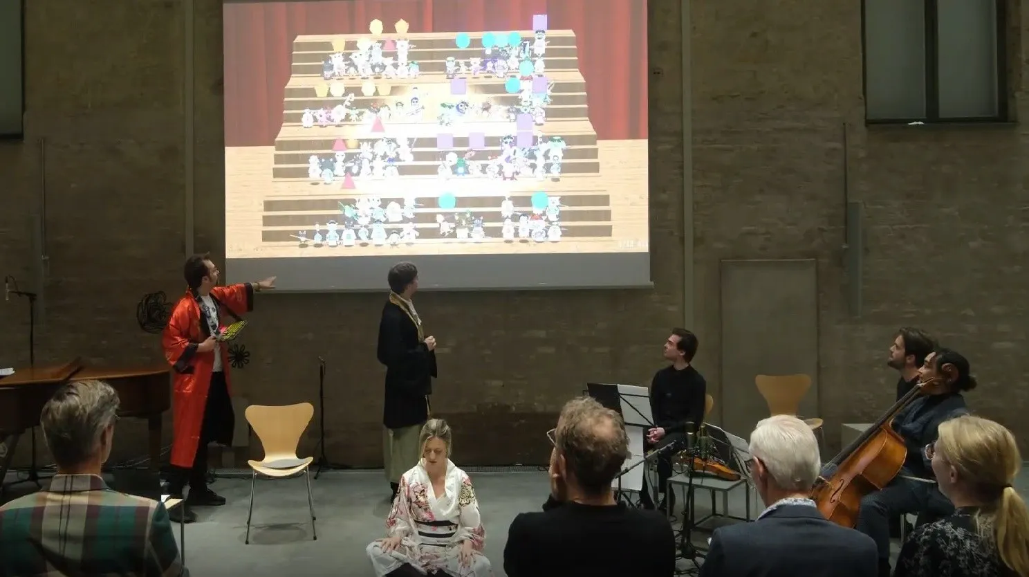 The audience orchestra on screen, with each participant as a small character